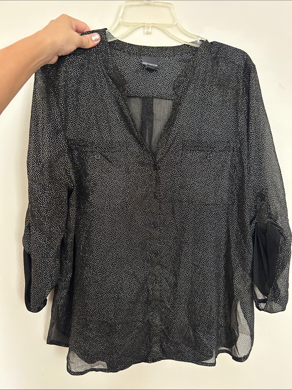 Covington petite-Daniel Rainn Black Sheer Button-Front Blouse with Dot Print
